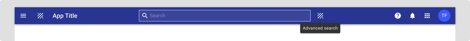 Image of the app bar with search and an icon button next to the search input for an advanced search.