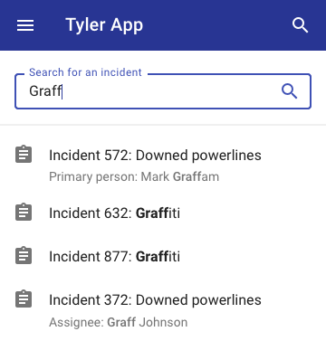 Autocomplete search results on mobile.