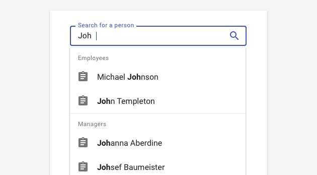 Search results with multiple sections.