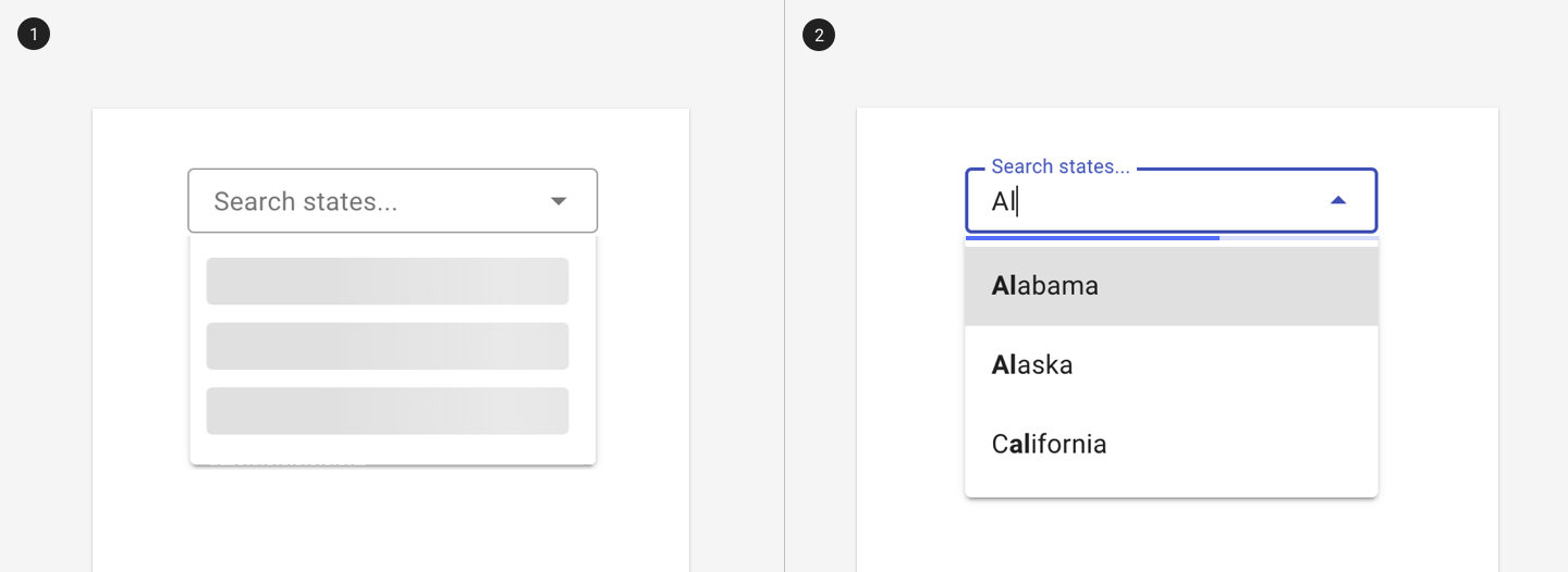 An image of an autocomplete using skeleton loading for an initial load and an autocomplete using a linear progress indicator to indicate change 