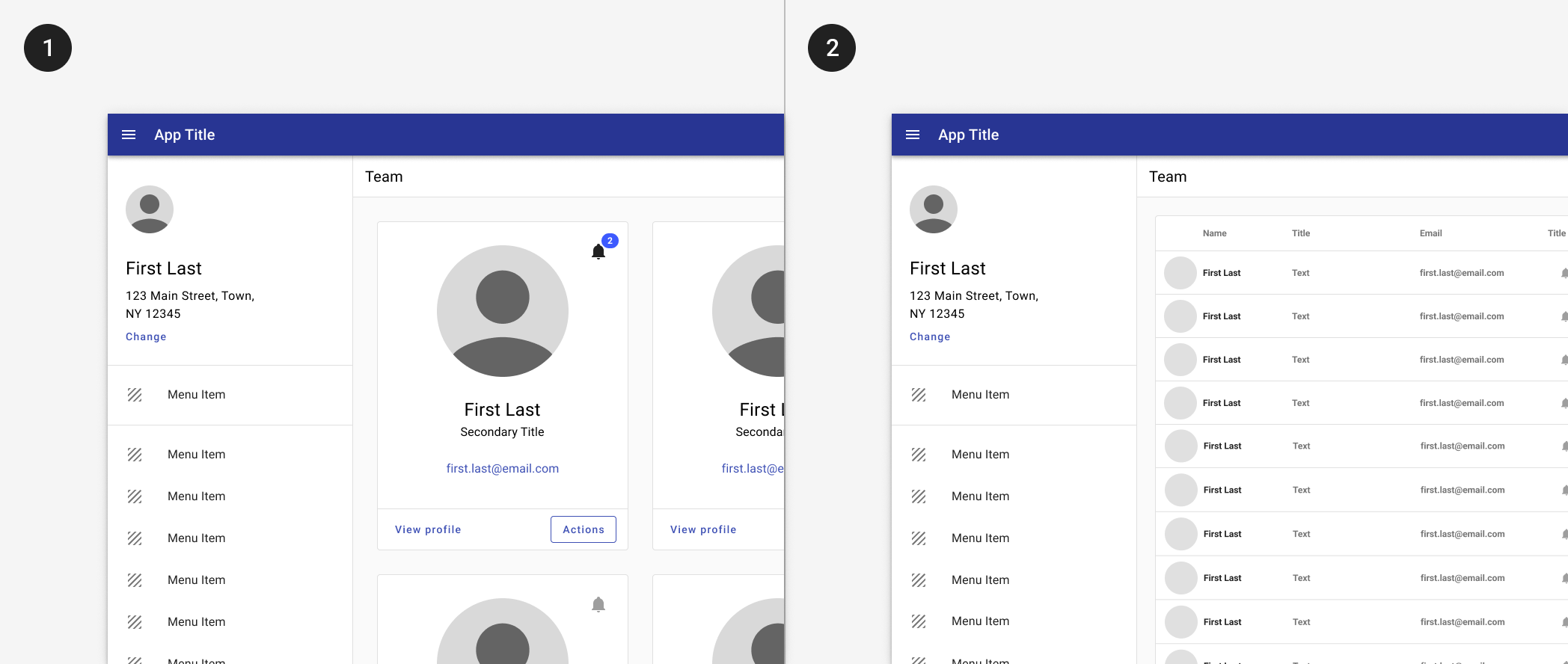 Two images, on the left an avatar is shown large and centered in a card layout. In the second, the avatar component is used at the start of table rows where it&#39;s smaller.