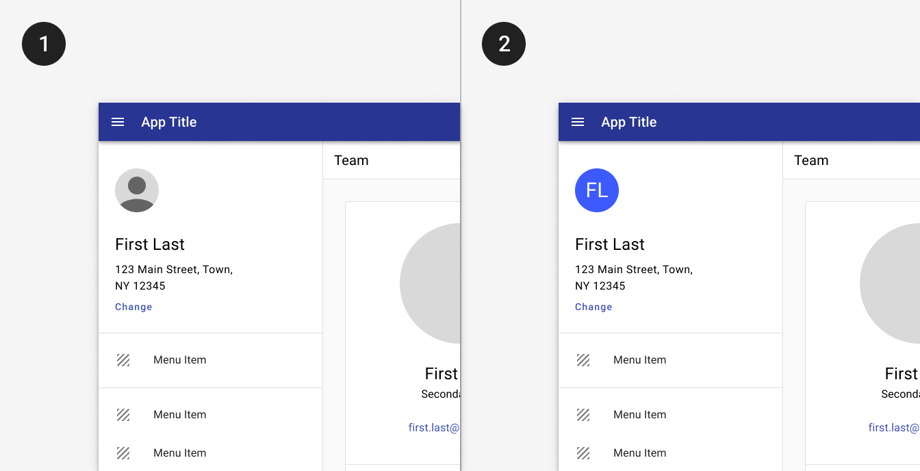 Two images. On the left, an avatar component sits in the profile header in a navigation drawer. In the second image, the avatar component contains the first and last initial of the profile name rather than a picture of the user.