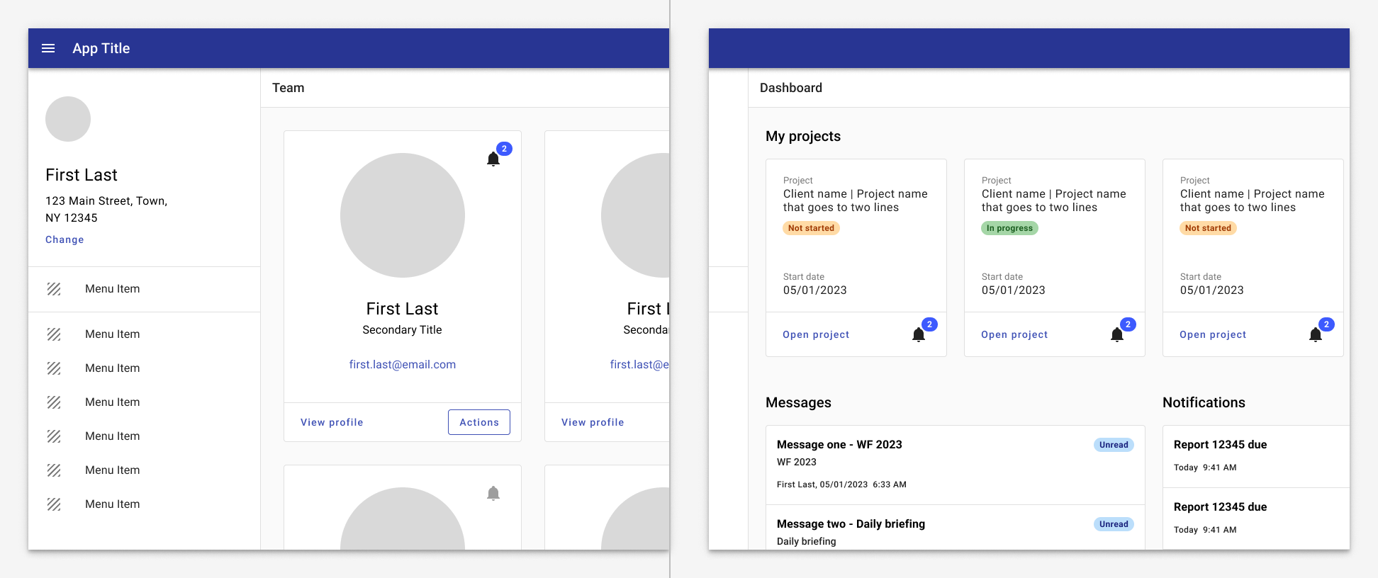 Two images of app layouts utilizing cards to display information to the user.
