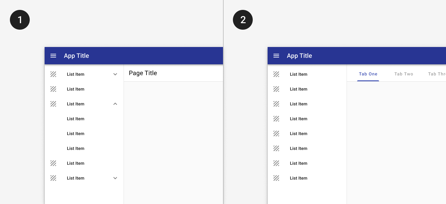 Image with two sections: a navigation drawer with expanders and a navigation drawer with tabs.