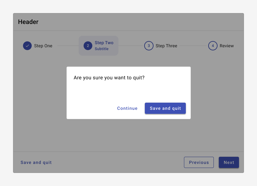 A dialog asking the user to confirm their action of closing a stepper in the middle of the process.