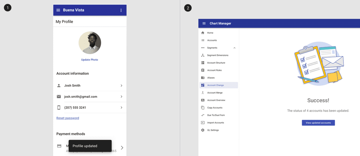A toast displayed in a mobile context and a confirmation page on a desktop app.