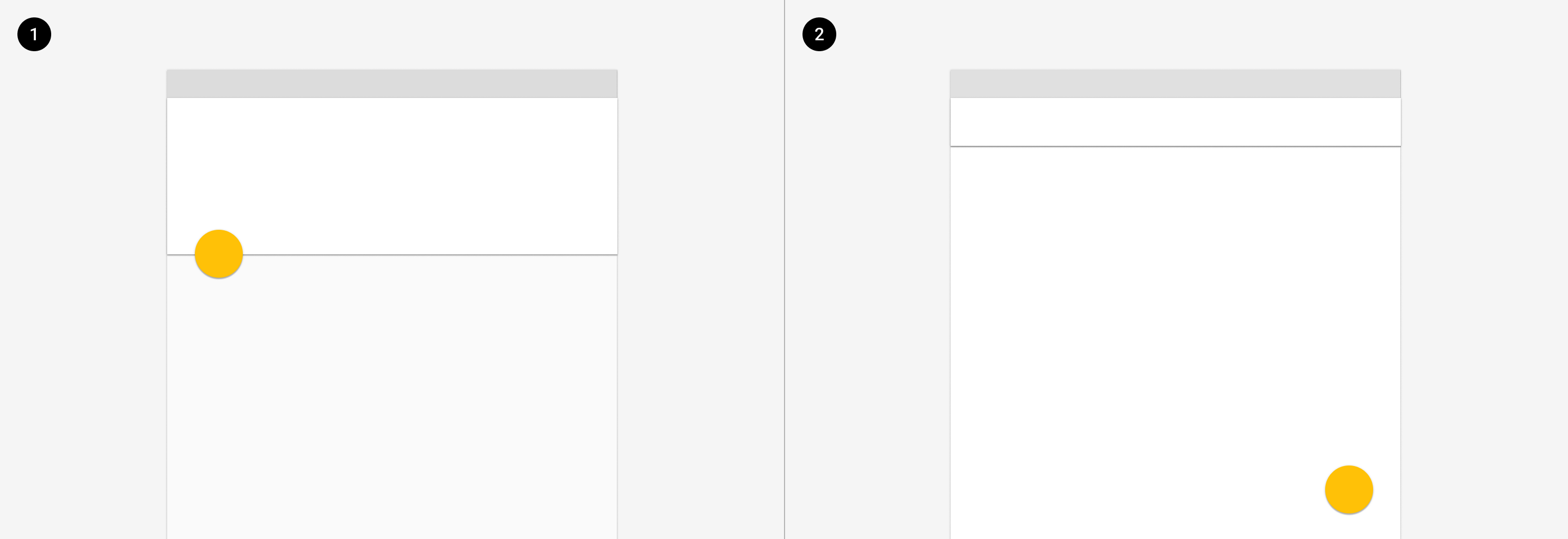 An image of two mobile screens: one with a FAB attached to the bottom of a header and one with a FAB in the bottom right corner.