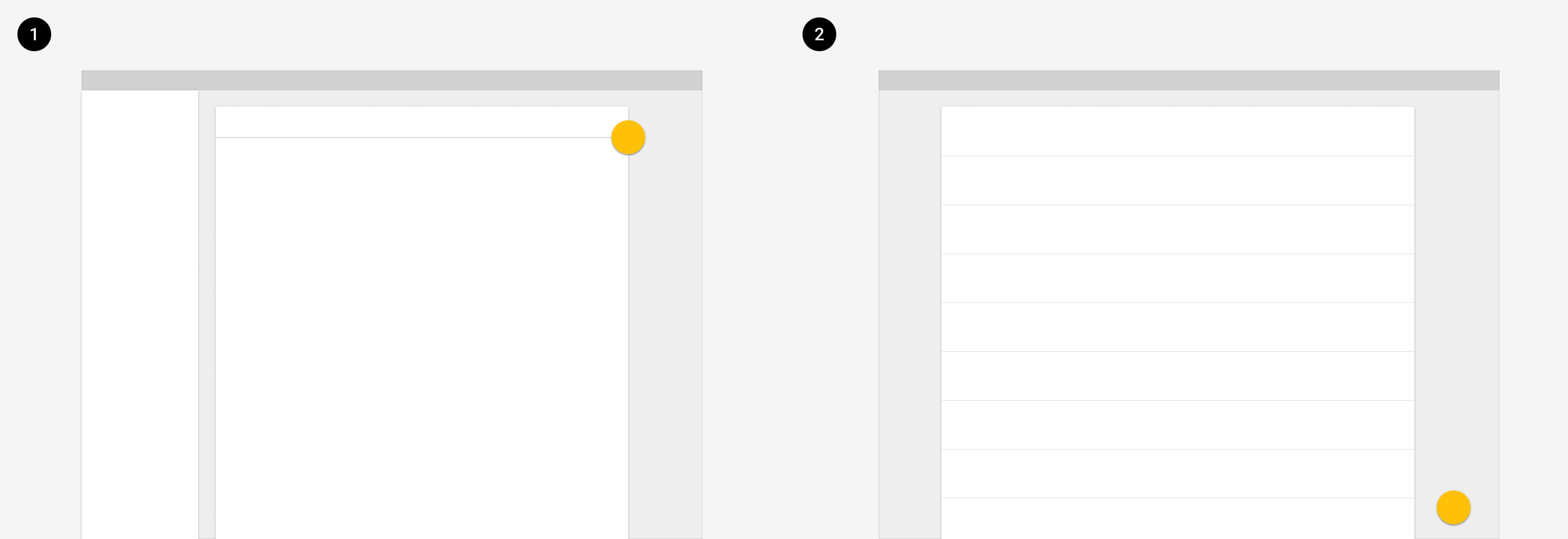 An image of two screens: one with a FAB attached to a card and one with a FAB in the bottom right corner.