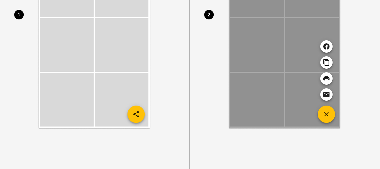 A split image showing a floating action button on the left, and a floating action button with 4 options above it on the right.