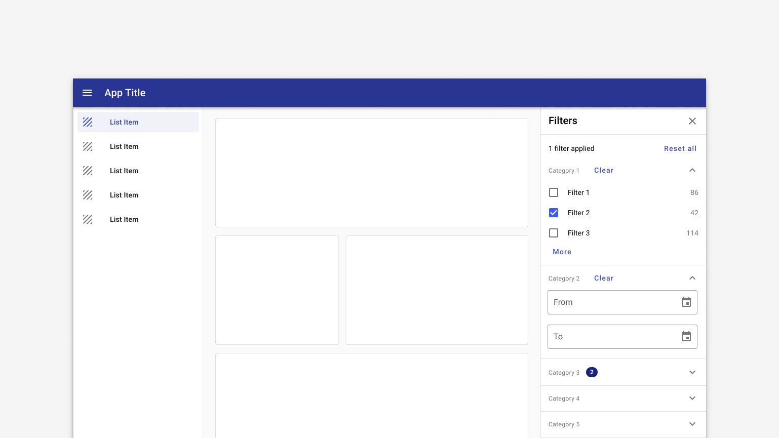 Desktop layout with drawer and filters.