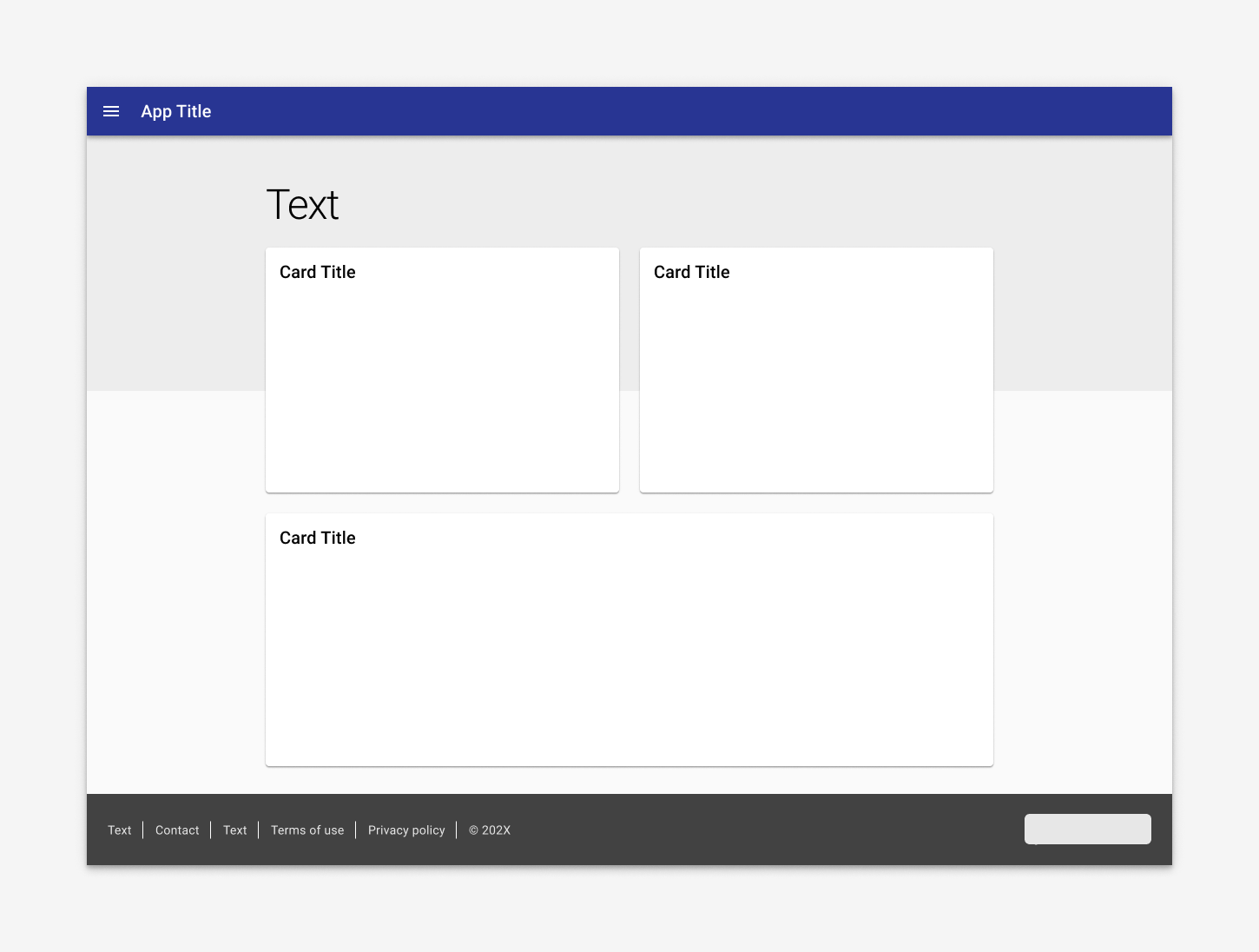 A layout of an example app landing page with a footer component on the bottom showing links on the left side with a rectangle representing logo placement on the right.