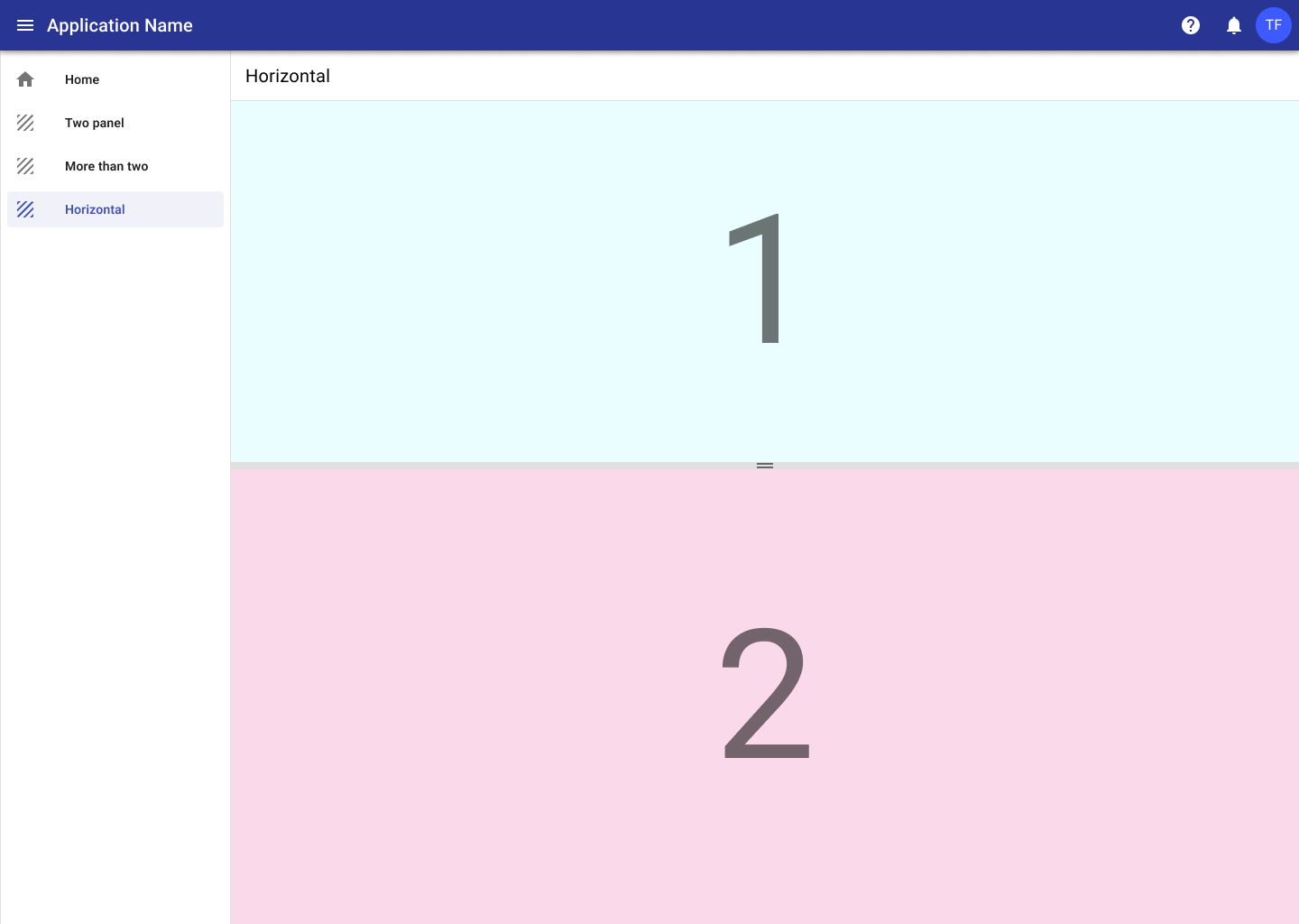 An application showing two sections of a program split horizontally using the split view component.