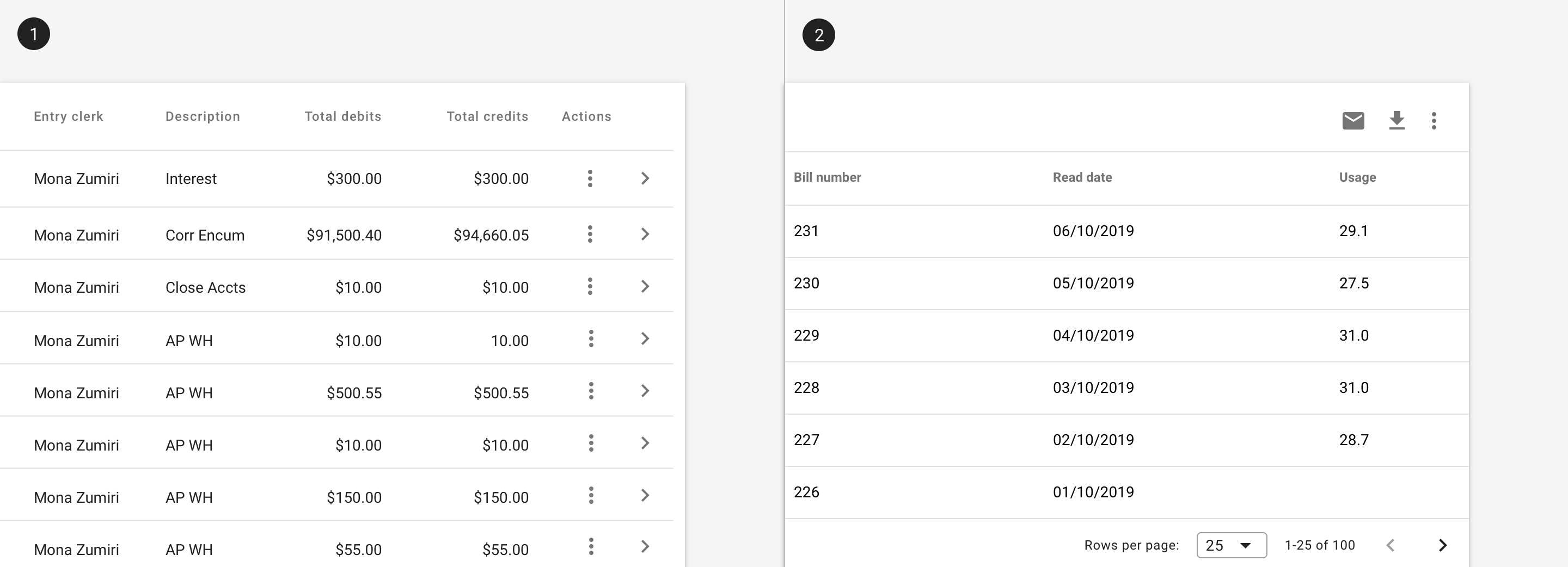 Two images: one with icon buttons in a toolbar within a table, one with icon buttons in table rows.