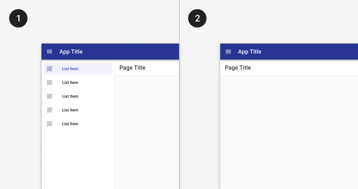 Image of two options for a navigation drawer: opened and dismissed.