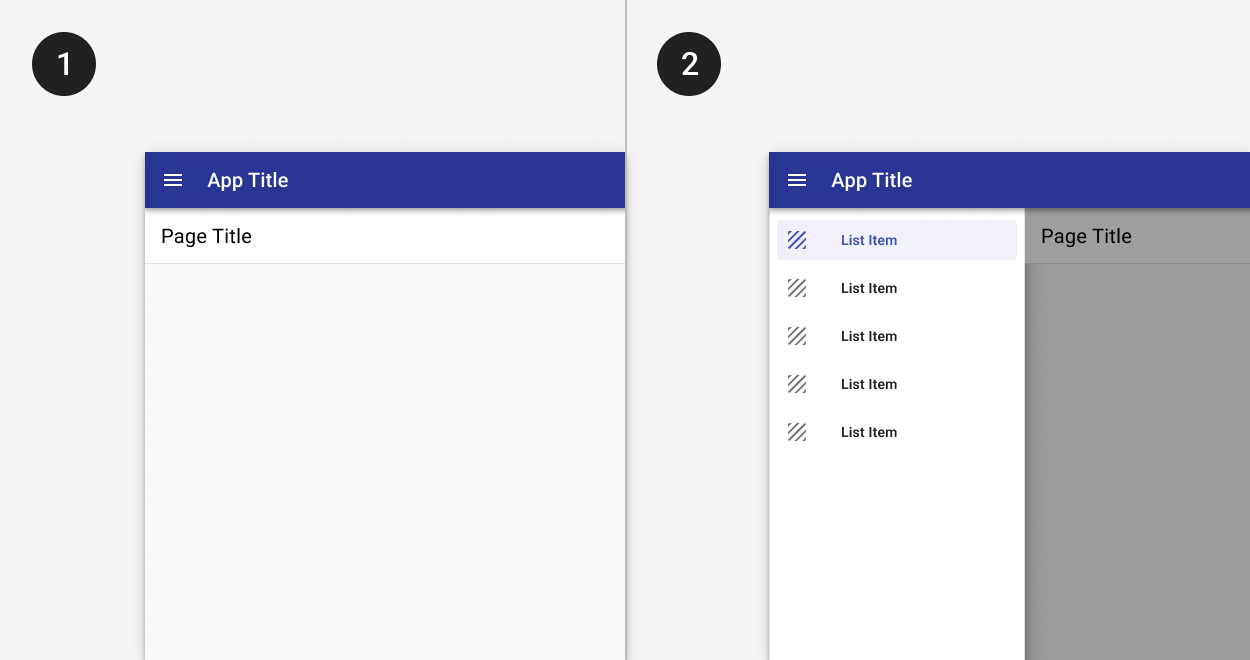 Image of an open and closed modal navigation drawer.