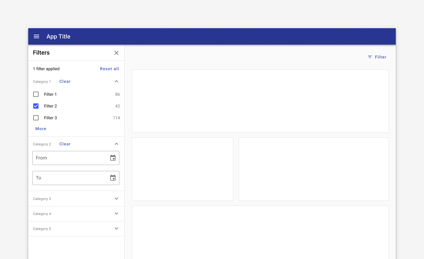 An expansion panel in a list item is used to create a filter side sheet.