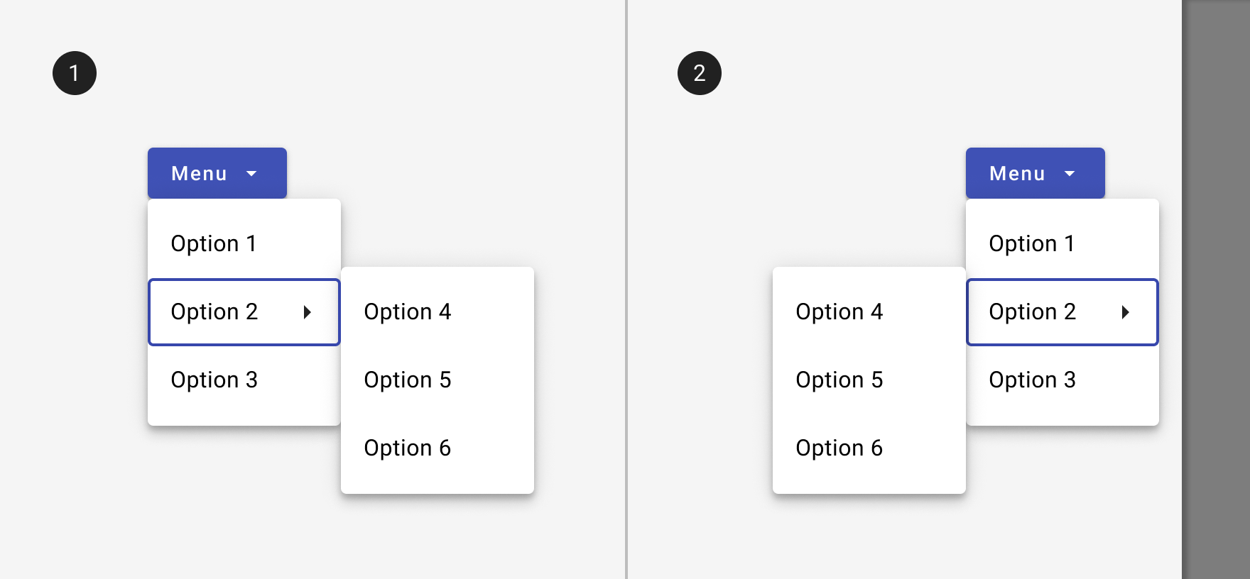 Image of two menus: one with a sub menu open to the right and one with a sub menu open to the left.