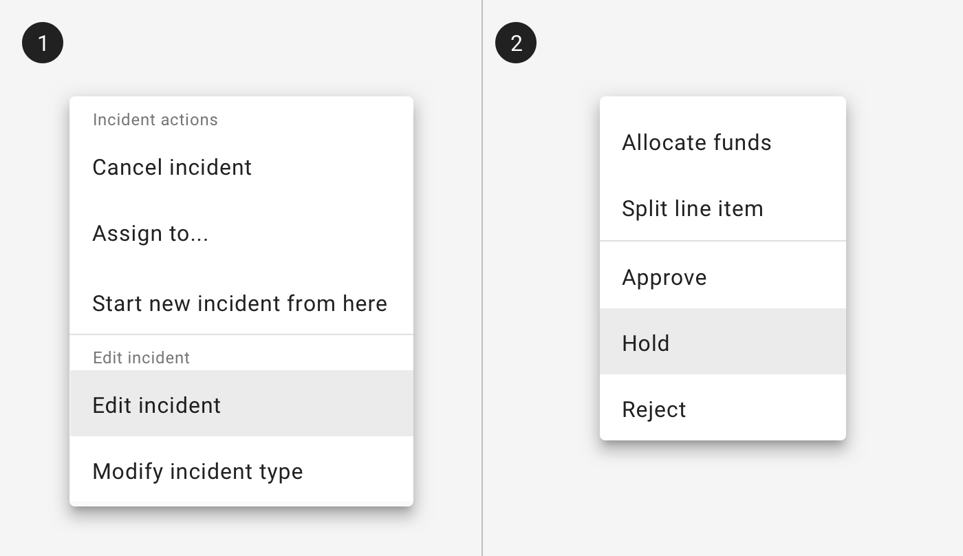 Image of two menus: one with section titles and one with dividers.