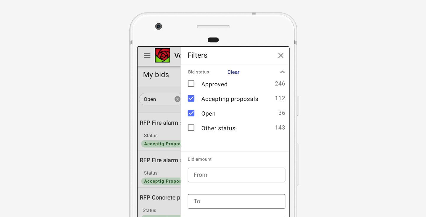Mobile filtering with a sidesheet and scrim.