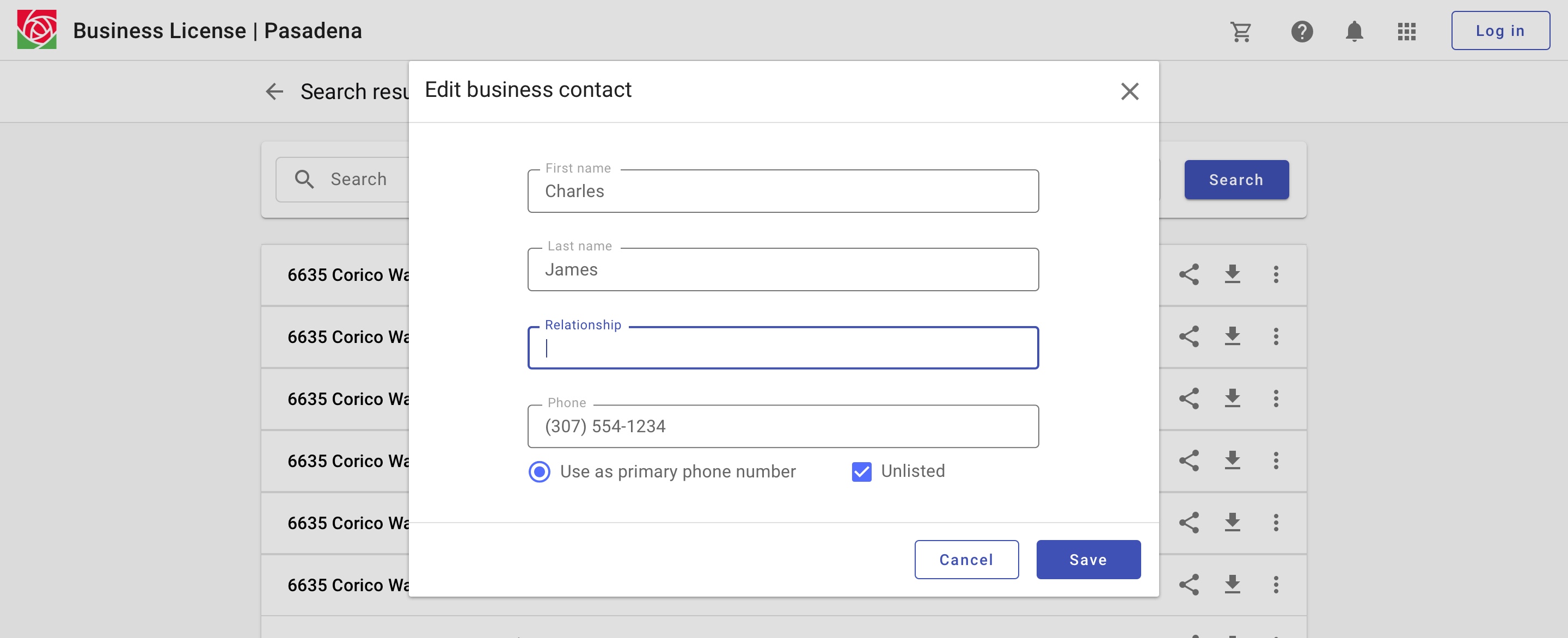Search results that open in a dialog