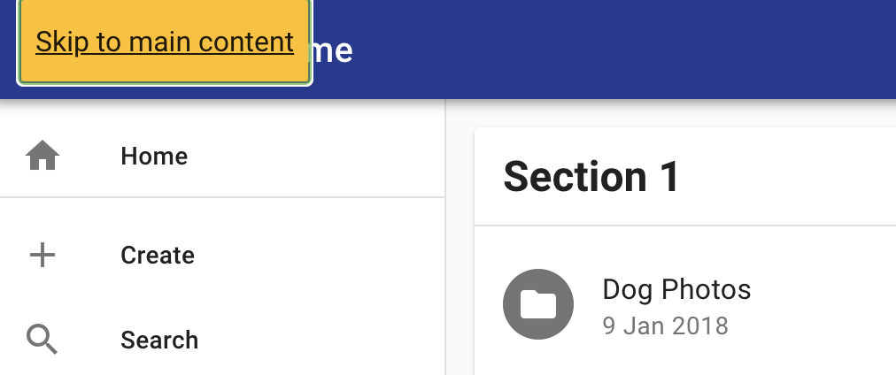 Image of a skip link contained in the app bar.