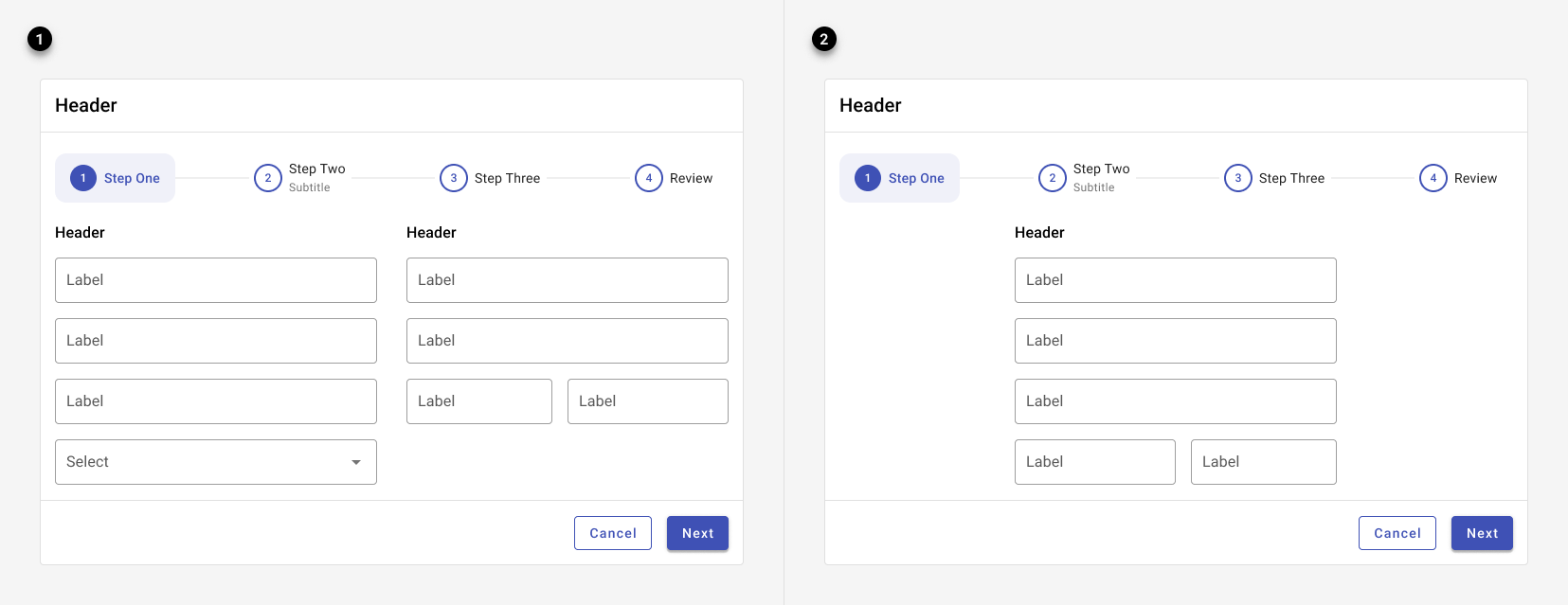 Stepper content is displayed either in a single or double columns.