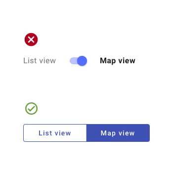 Image of a button toggle with the options "List view, map view."