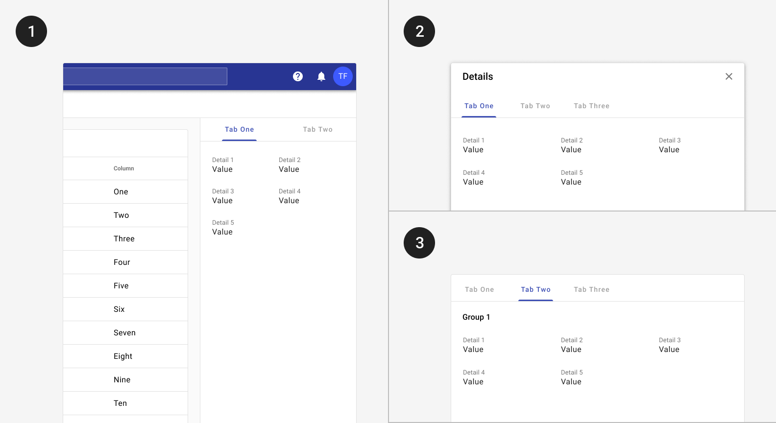 Image with two sections: One section where a dialoge has tabs in it to separate sections, and a second section of a card with tabs along the top breaking up options available.