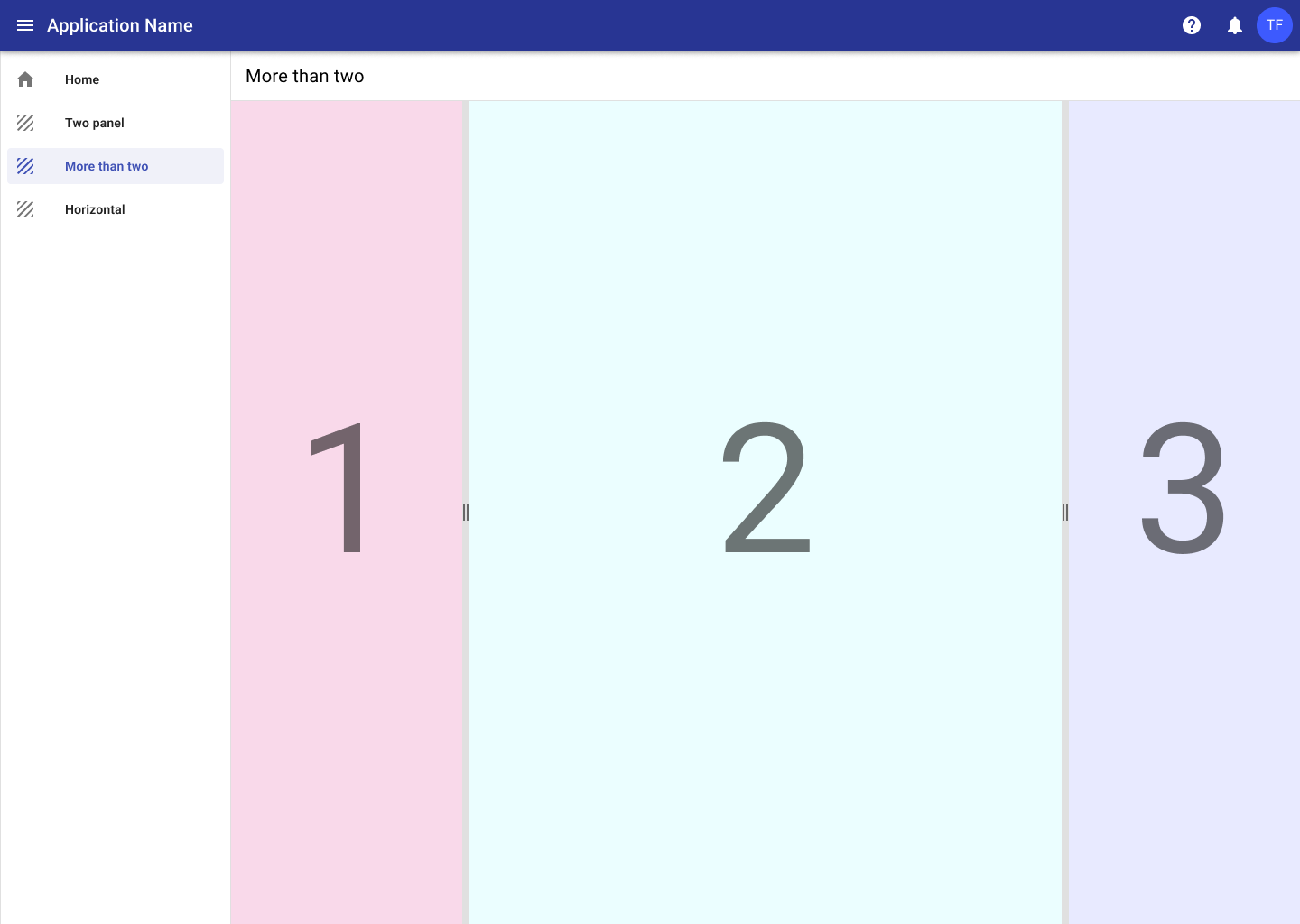 An application showing three sections of a program split vertically using the split view component. The main content is surrounded on the left and right by smaller areas, all separated by using the split view component.